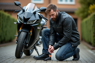 Homme avec veste moto place un traceur sous la selle
