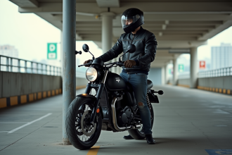 Jeune homme en moto dans un parking urbain moderne