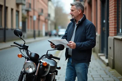 Homme d'âge moyen avec moto en ville en regardant une carte
