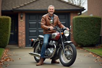 Homme en veste en cuir vintage avec moto des années 70
