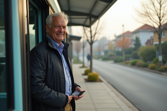 Homme d'âge moyen montant dans un bus moderne en banlieue