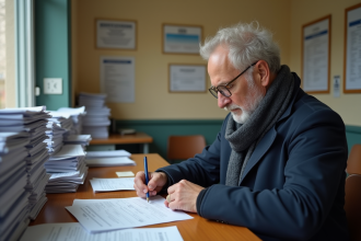 Homme d'âge moyen remplissant des papiers en préfecture