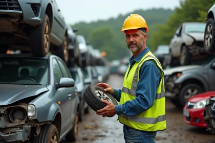 Homme en tenue de travail recyclant une pièce auto