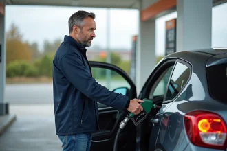 Homme d'âge moyen faisant le plein à une station moderne