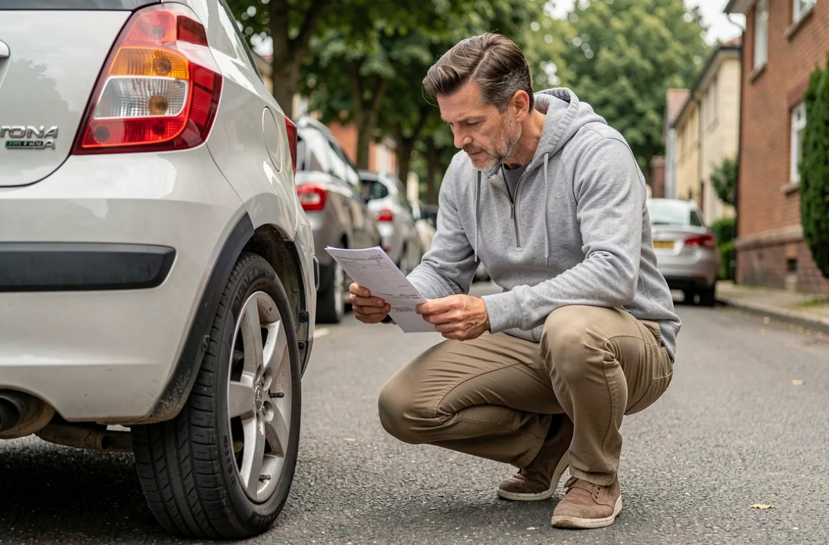 Homme examinant un relevé kilométrique à côté de sa petite voiture garée en zone résidentielle