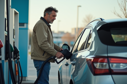 Homme moyenâge remplissant sa voiture hybride à une station