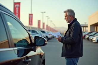 Homme d'âge moyen devant un concessionnaire avec SUV Toyota