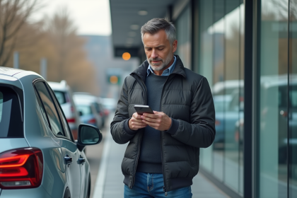 Homme en veste et jeans près d'une voiture en concession