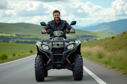 Homme souriant en moto quad sur route de campagne