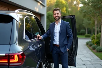 Homme élégant en costume navy ouvrant une SUV de luxe