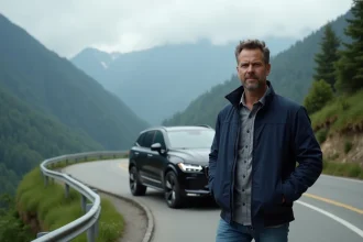 Homme en veste navy près d'un SUV en montagne