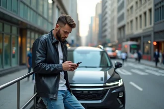 Homme avec SUV en ville regardant son smartphone