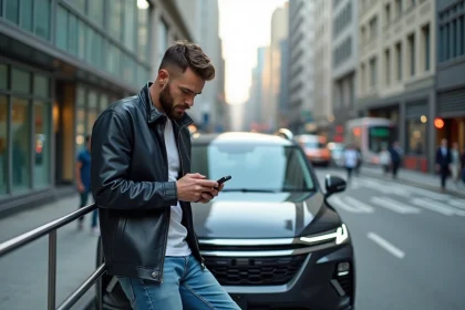 Homme avec SUV en ville regardant son smartphone