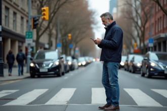 Homme d'âge moyen dans la ville avec smartphone en main