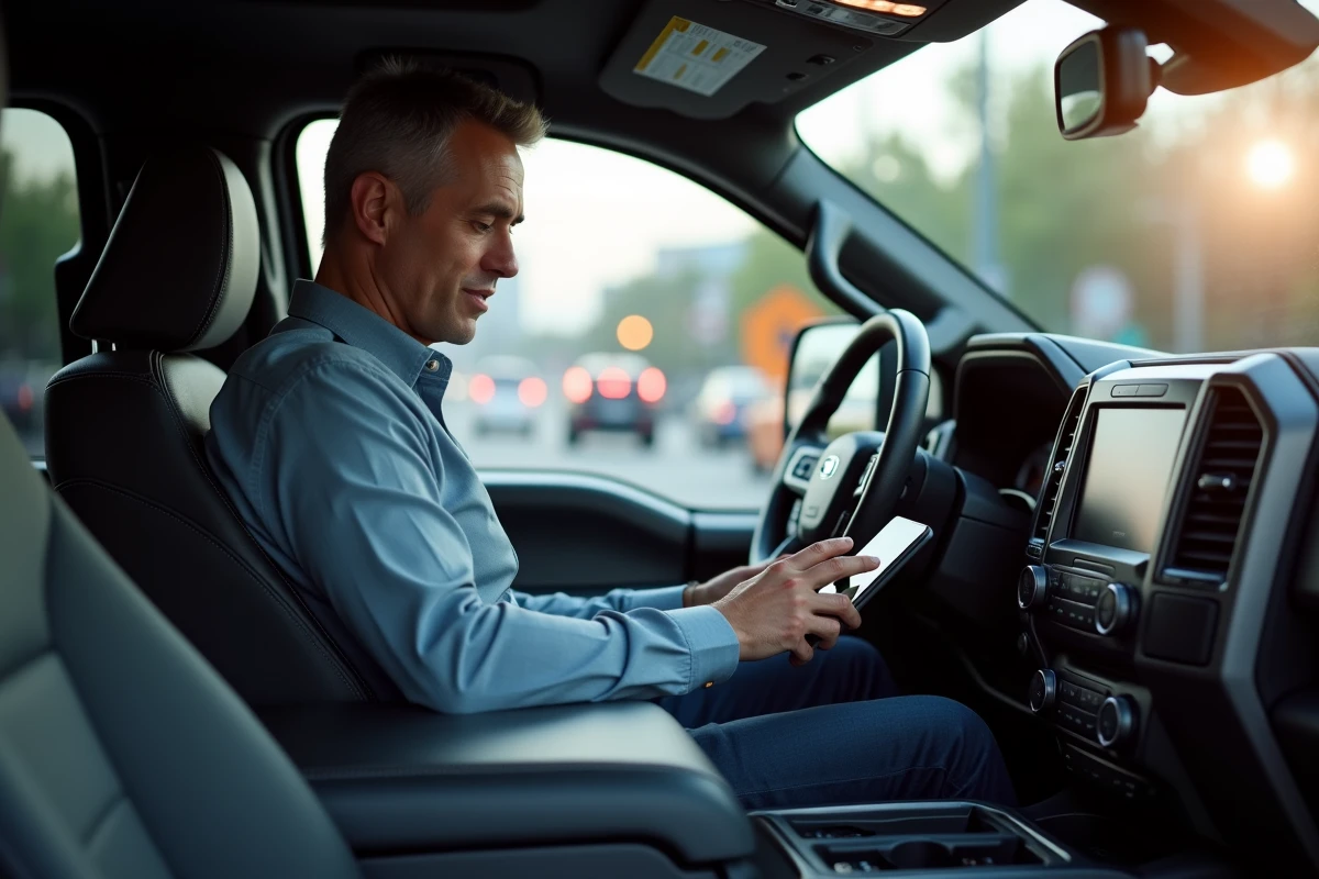 Homme dans la cabine du pickup vérifiant une tablette