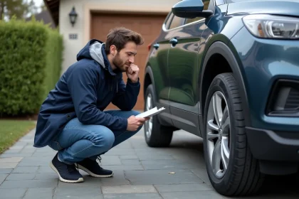 Homme vérifiant la taille des pneus de sa voiture devant la maison