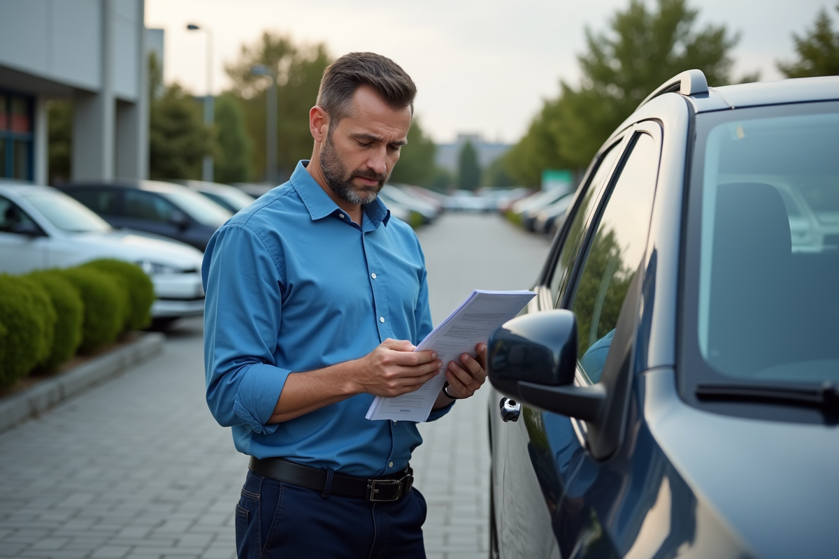 Homme inspectant documents de voiture dans un parking extérieur