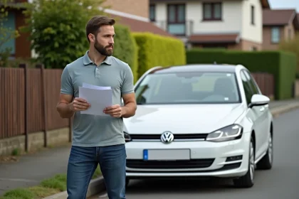 Homme regardant sa voiture Volkswagen Golf 7 avec documents d'assurance