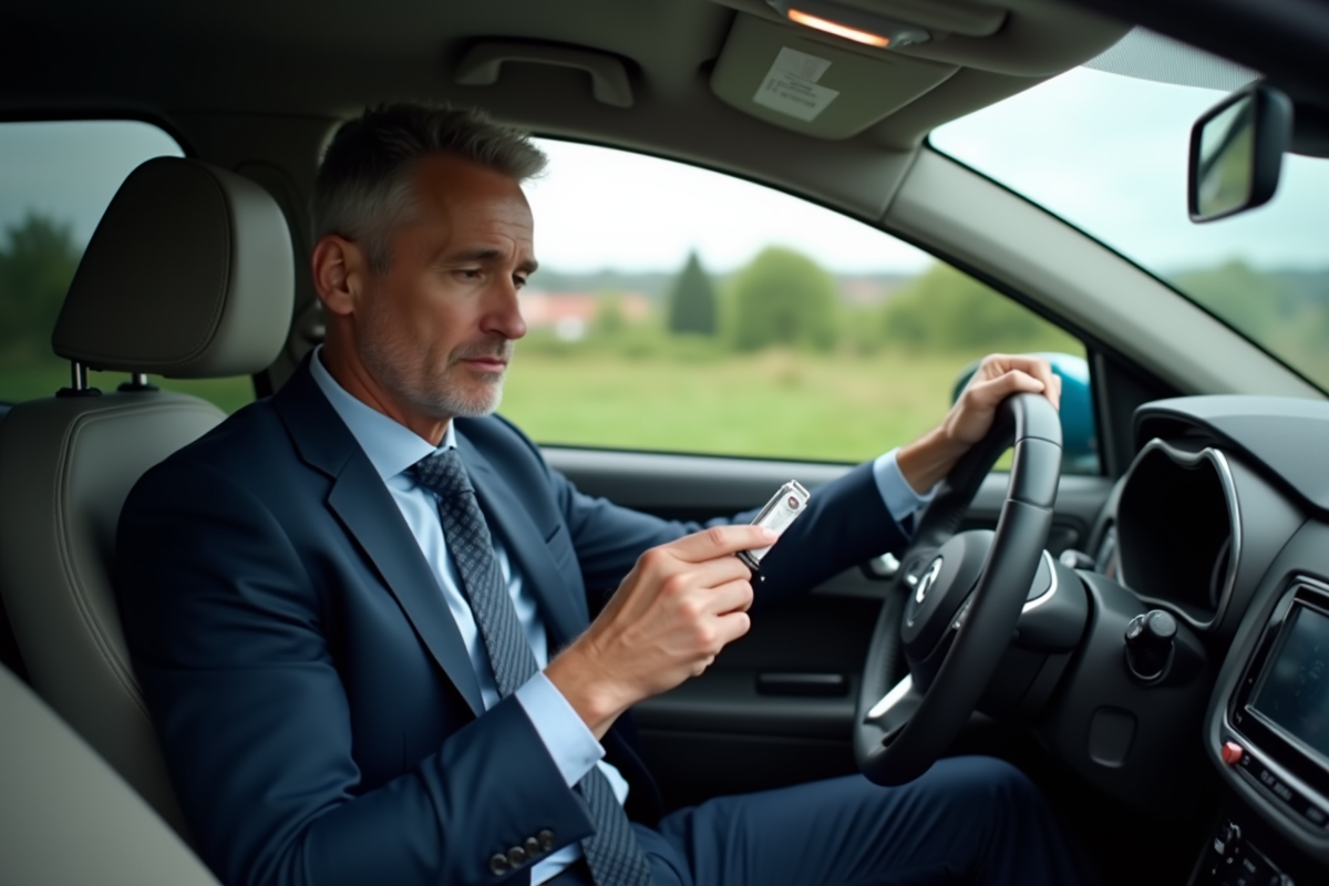 Homme en costume dans une voiture avec test d'alcool