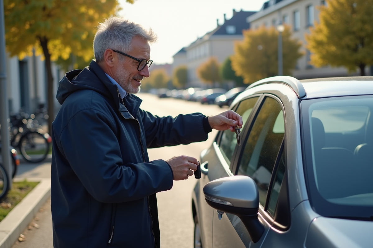 Homme donnant les clés de la voiture à un jeune homme
