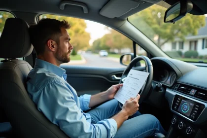 Homme en voiture regardant ses statistiques de consommation