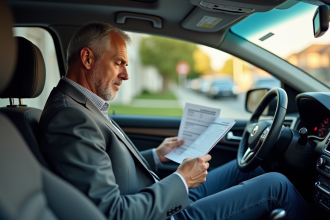 Homme d'âge moyen dans sa voiture examine un contrat d'assurance auto