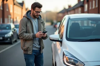 Homme inspectant une voiture en extérieur avec smartphone