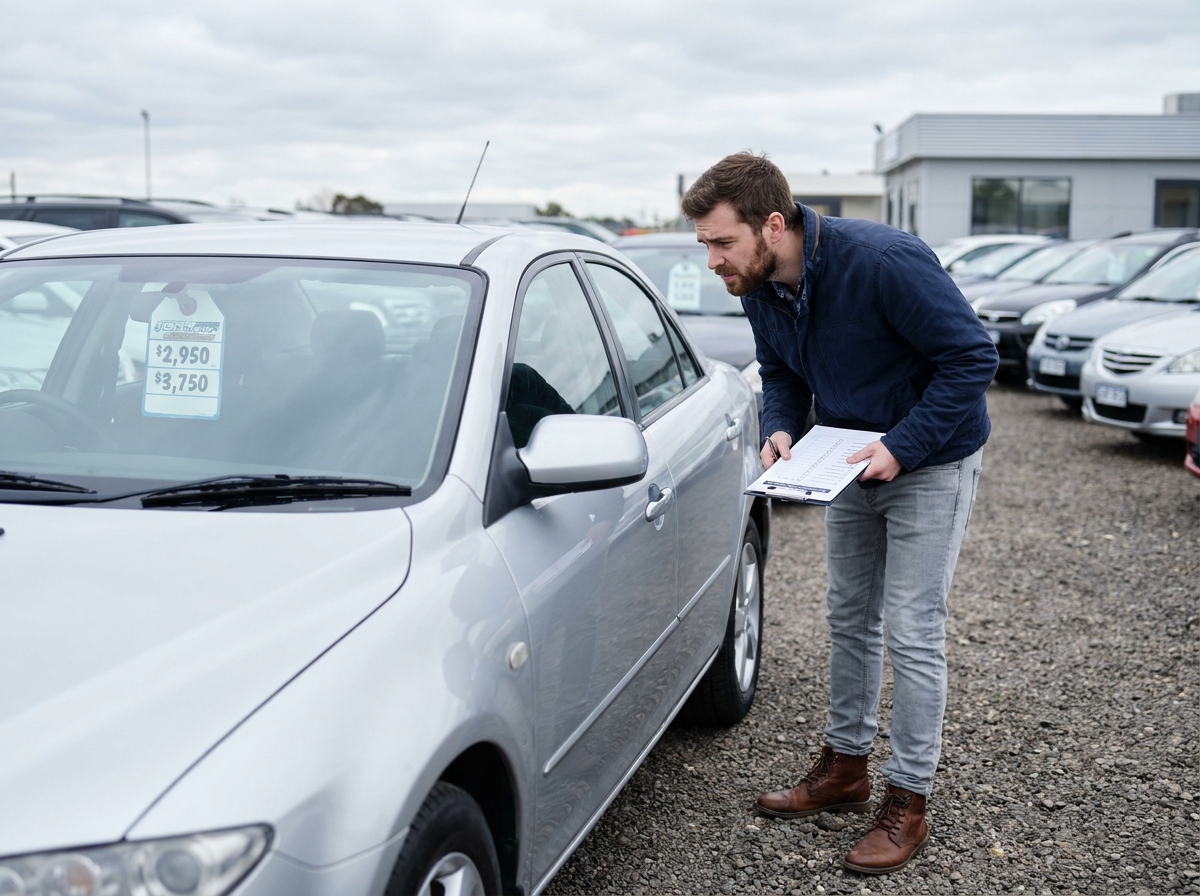 Homme examinant une voiture d'occasion dans un parking de concessionnaire avec liste de vérification à la main