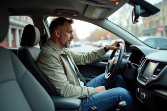 Homme d'âge moyen vérifiant le compteur dans sa voiture
