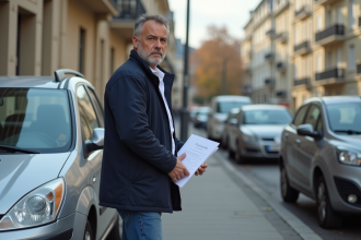 Homme d'âge moyen avec papier officiel et voiture à Paris