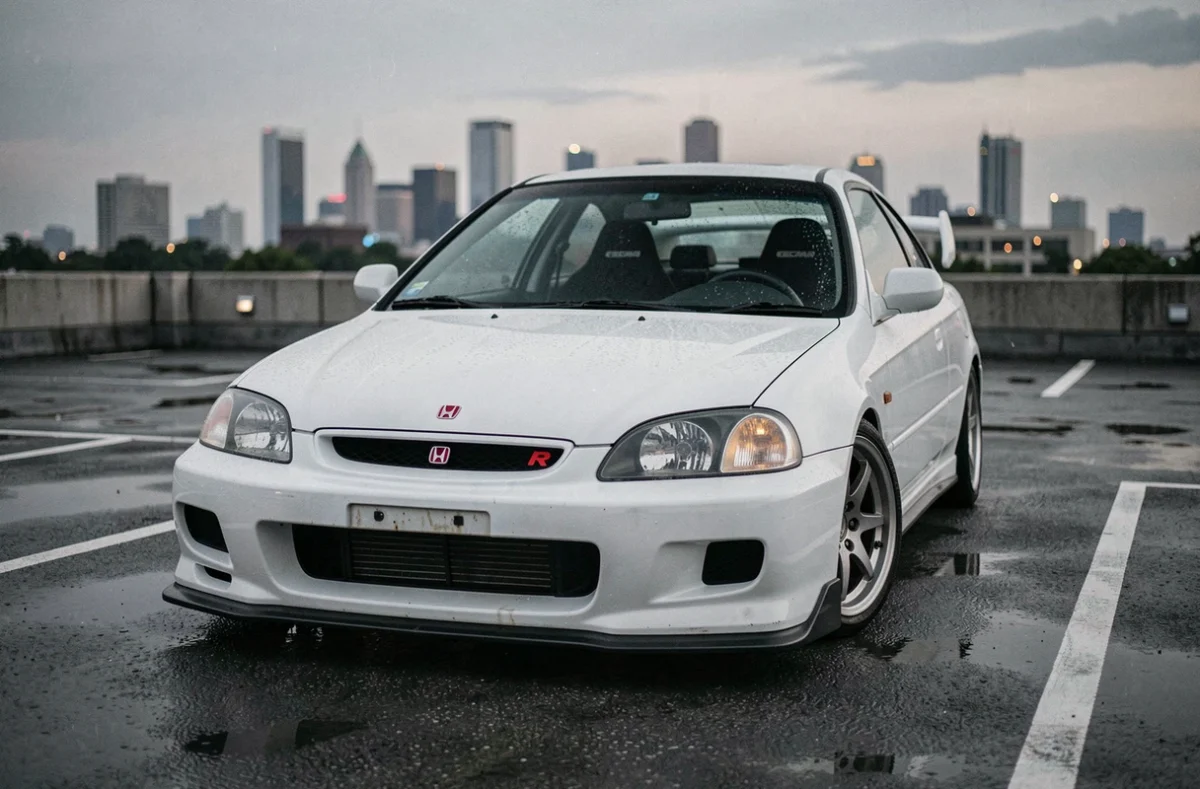 Honda Civic EP3 Type R blanche en Championship White garée sur un parking rooftop urbain mouillé, badge rouge Type R visible, ambiance crépusculaire