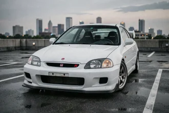 Honda Civic EP3 Type R blanche en Championship White garée sur un parking rooftop urbain mouillé, badge rouge Type R visible, ambiance crépusculaire