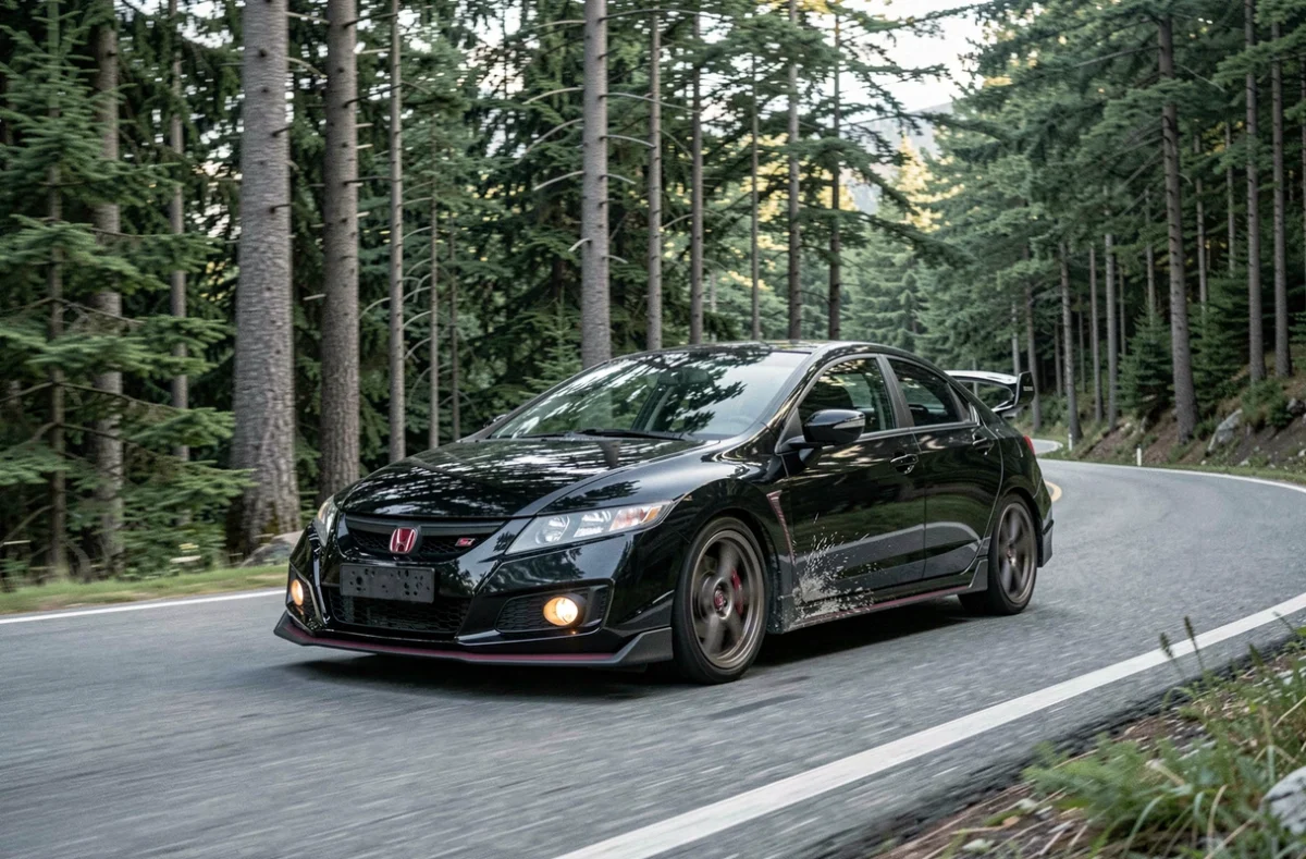 Honda Civic EP3 Type R noire en Nighthawk Black Pearl en pleine conduite dynamique sur une route de montagne entourée de forêt de pins