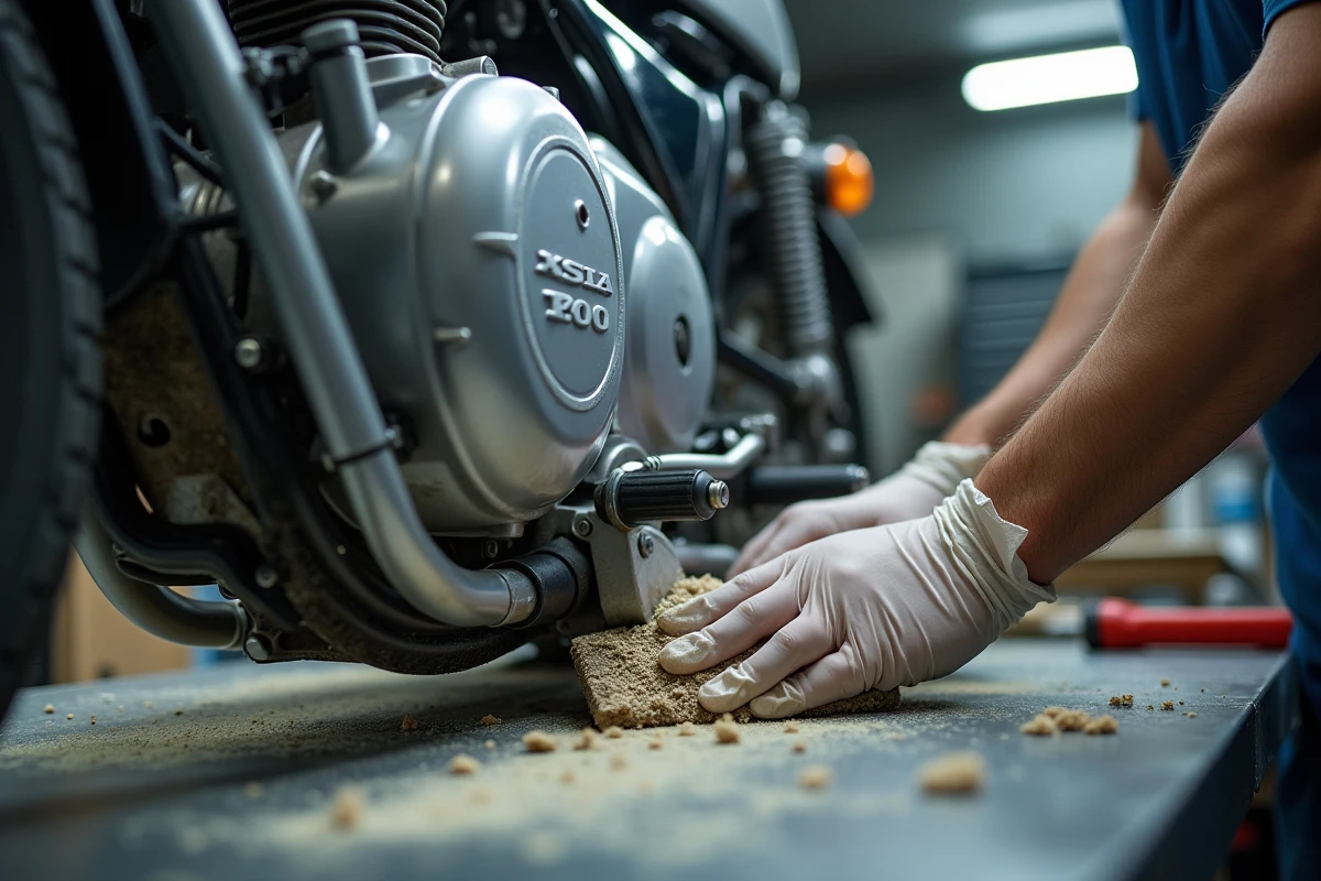Gros plan sur le ponçage d'un carter de Honda XL 500 lors d'une restauration artisanale à petit budget