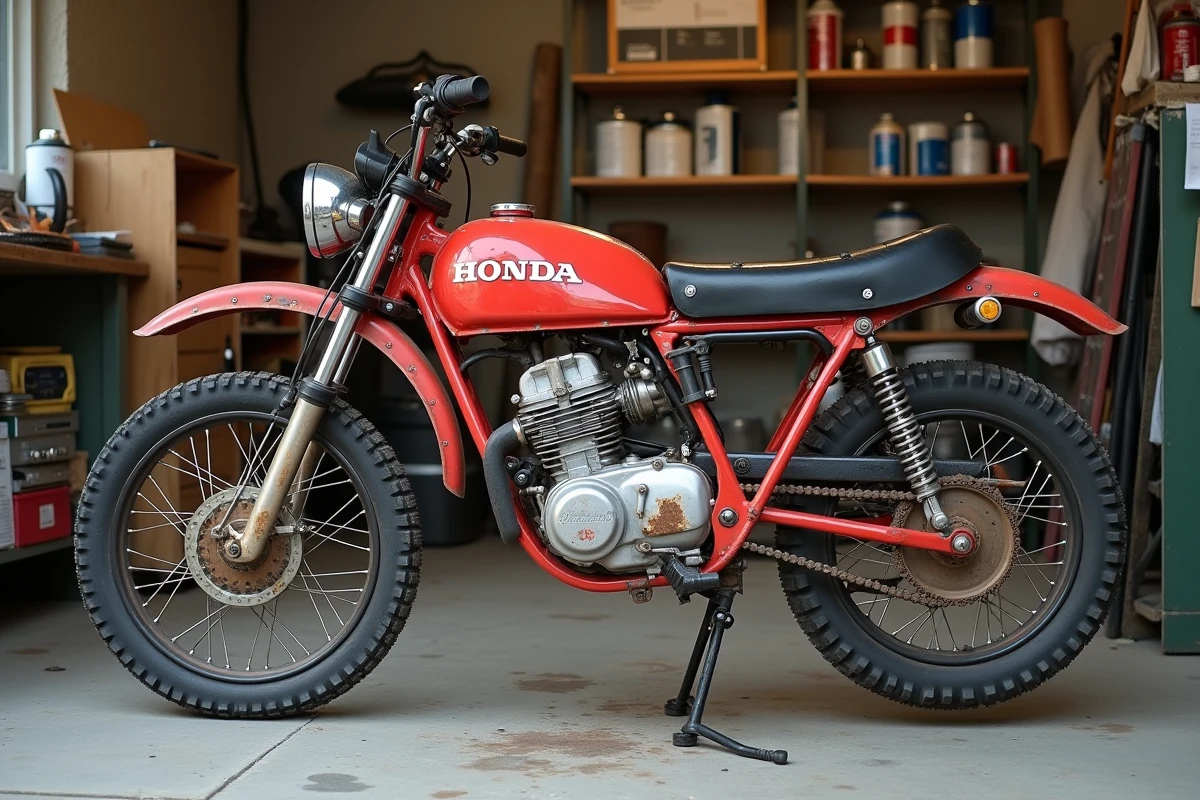 Honda XL 500 en cours de restauration dans un garage particulier avec cadre exposé et pièces démontées
