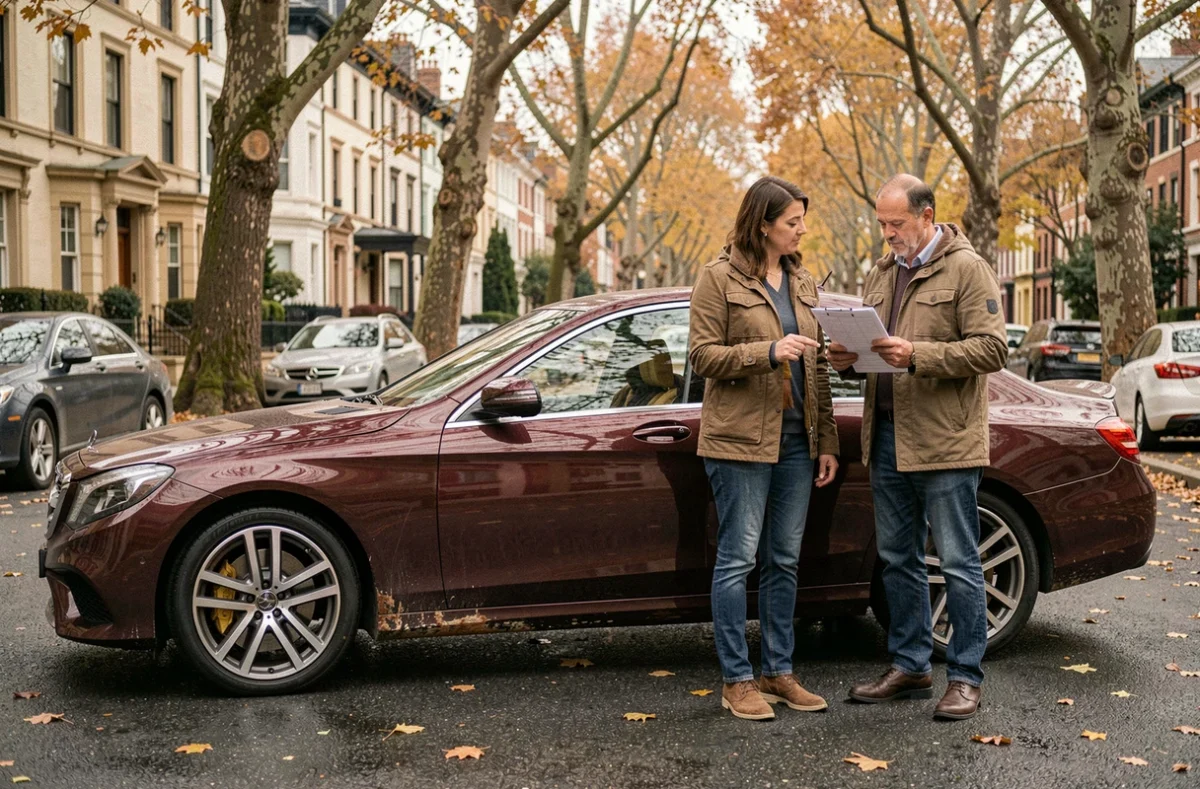 Couple inspectant la carrosserie d'une Mercedes V12 d'occasion en extérieur, consultant une check-list d'achat avant de finaliser leur décision