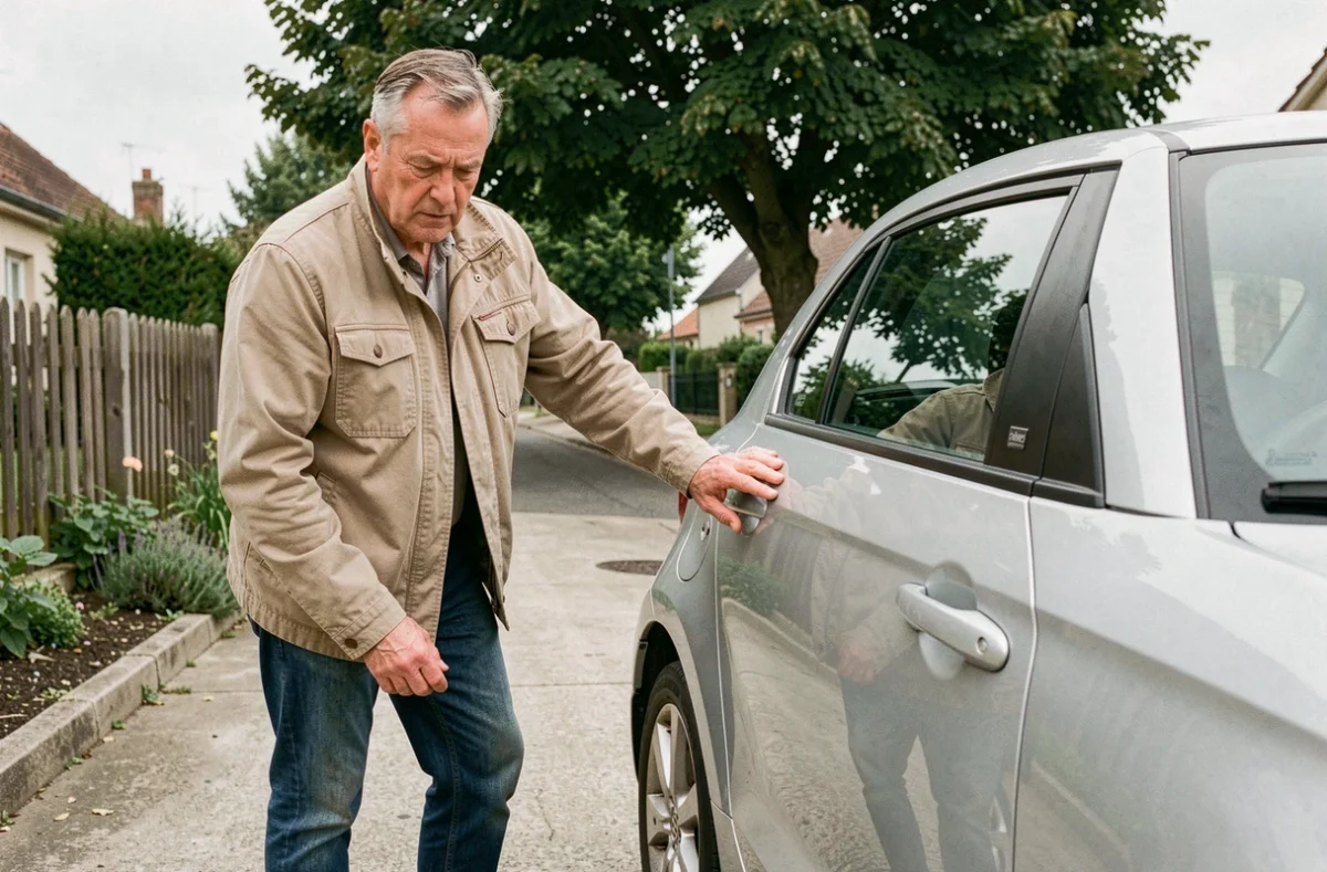 Un homme inspecte la carrosserie d'une voiture sans permis d'occasion dans une allée résidentielle