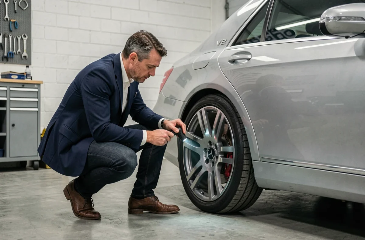 Inspecteur automobile examinant les freins d'une Mercedes V12 lors d'une vérification avant achat dans un garage privé moderne