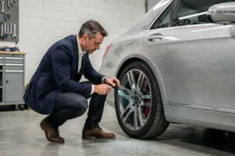 Inspecteur automobile examinant les freins d'une Mercedes V12 lors d'une vérification avant achat dans un garage privé moderne