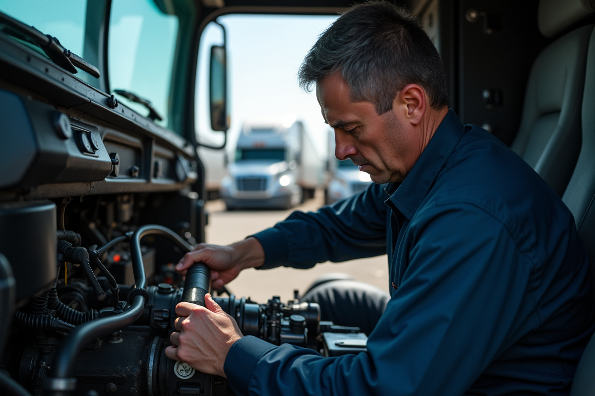 Personne examinant le moteur d un camion utilitaire avec une lampe de poche