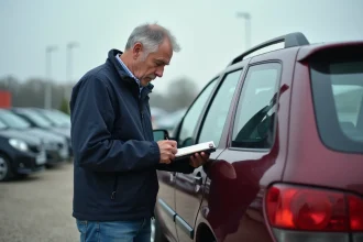 Un homme inspecte une Peugeot 306 Maxi d'occasion dans un parking de revendeur, prenant des notes sur l'état de la carrosserie