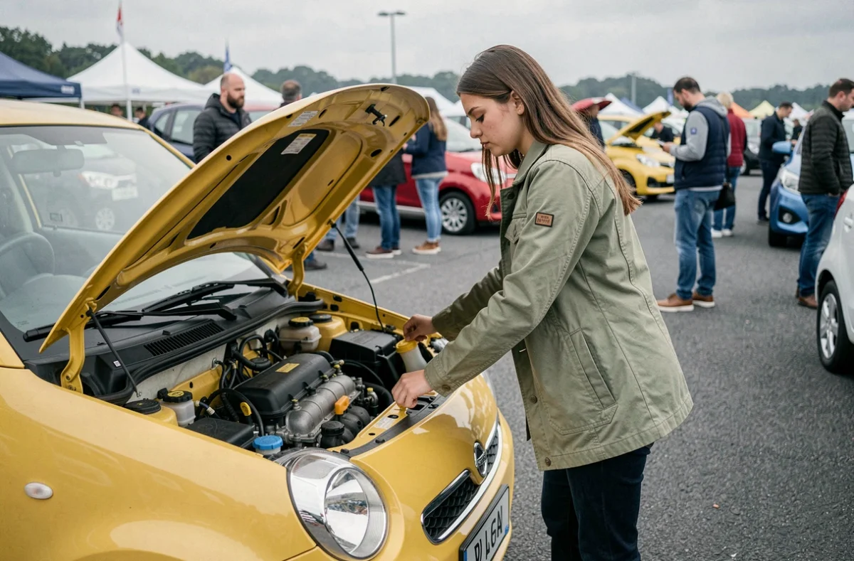 Jeune femme inspectant le moteur d'une voiture sans permis jaune lors d'une foire automobile de véhicules d'occasion