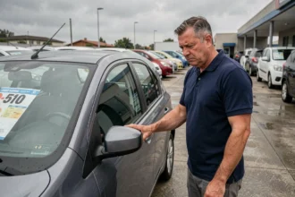 Homme inspectant une voiture sans permis d'occasion dans un lot de concessionnaire, vérifiant l'état de la carrosserie avant achat