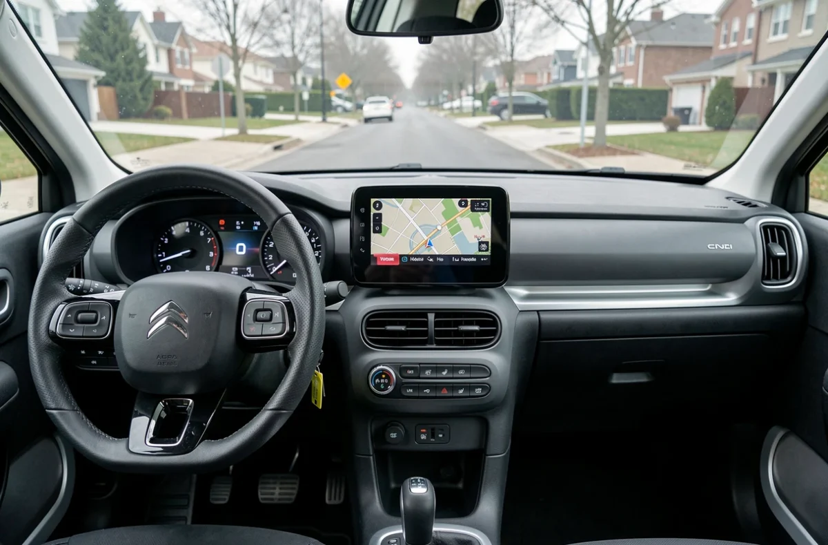 Intérieur moderne et compact de la nouvelle Citroën C3 vu depuis le siège conducteur, avec tableau de bord, écran de navigation et volant en gros plan