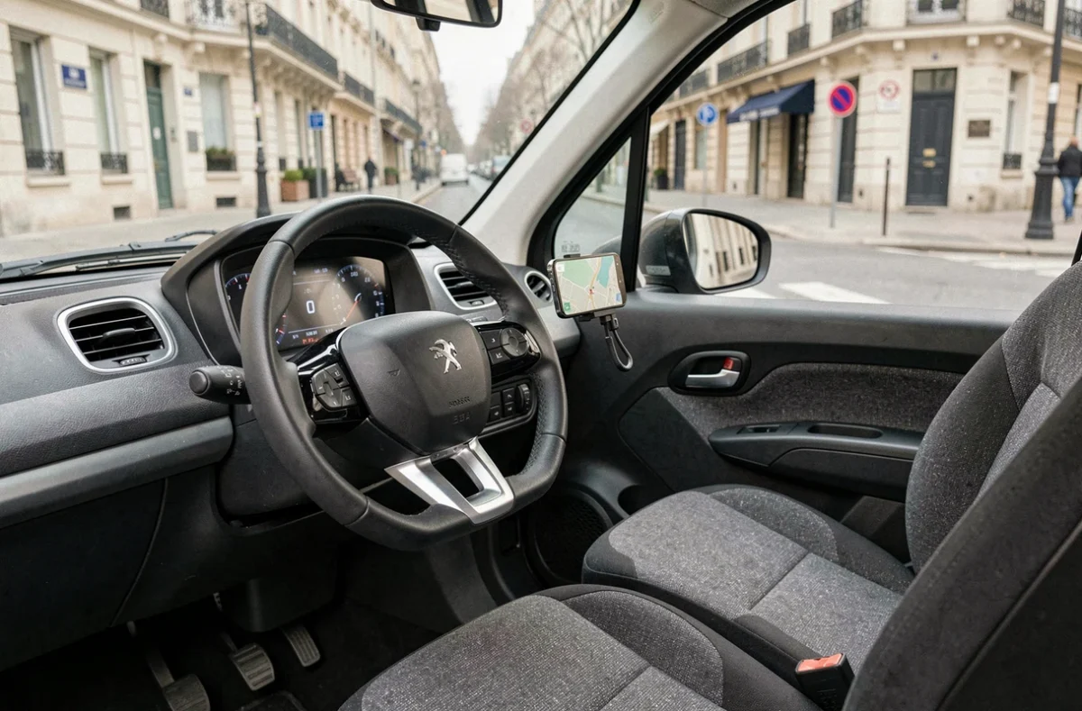 Intérieur de l'habitacle d'une Peugeot voiture sans permis avec tableau de bord et siège en tissu gris