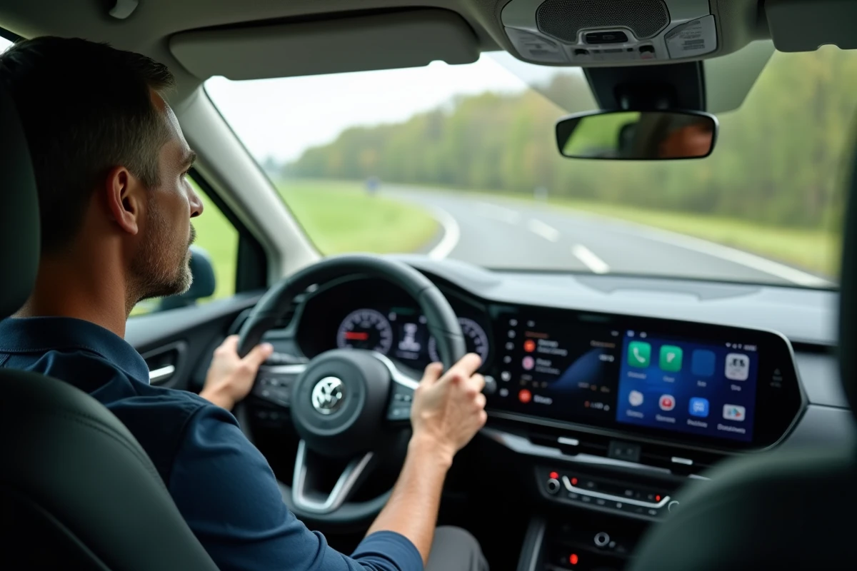 Intérieur moderne de la voiture française la plus vendue en 2026, conducteur au volant