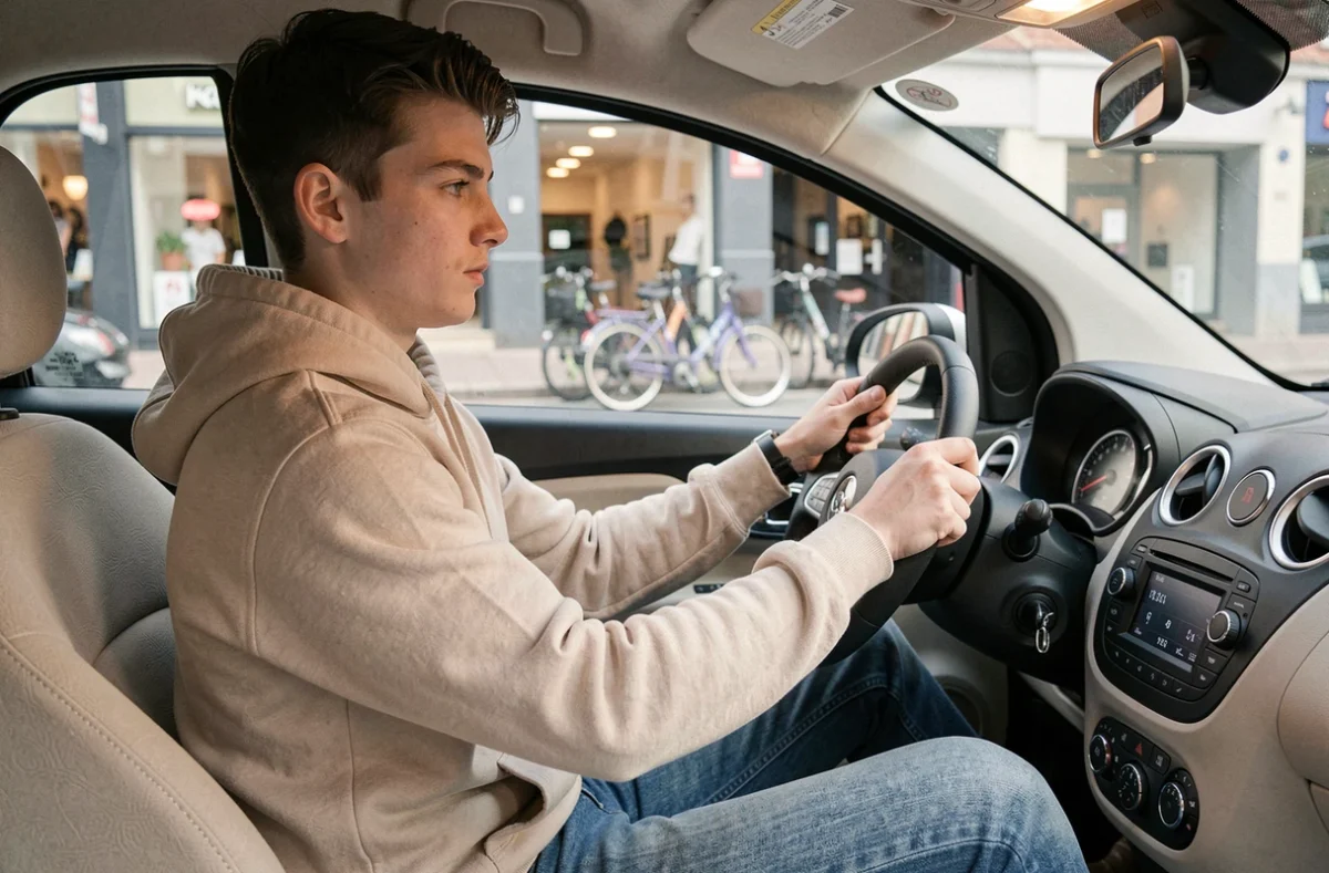Jeune conducteur au volant d'une voiture sans permis en milieu urbain