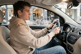 Jeune conducteur au volant d'une voiture sans permis en milieu urbain