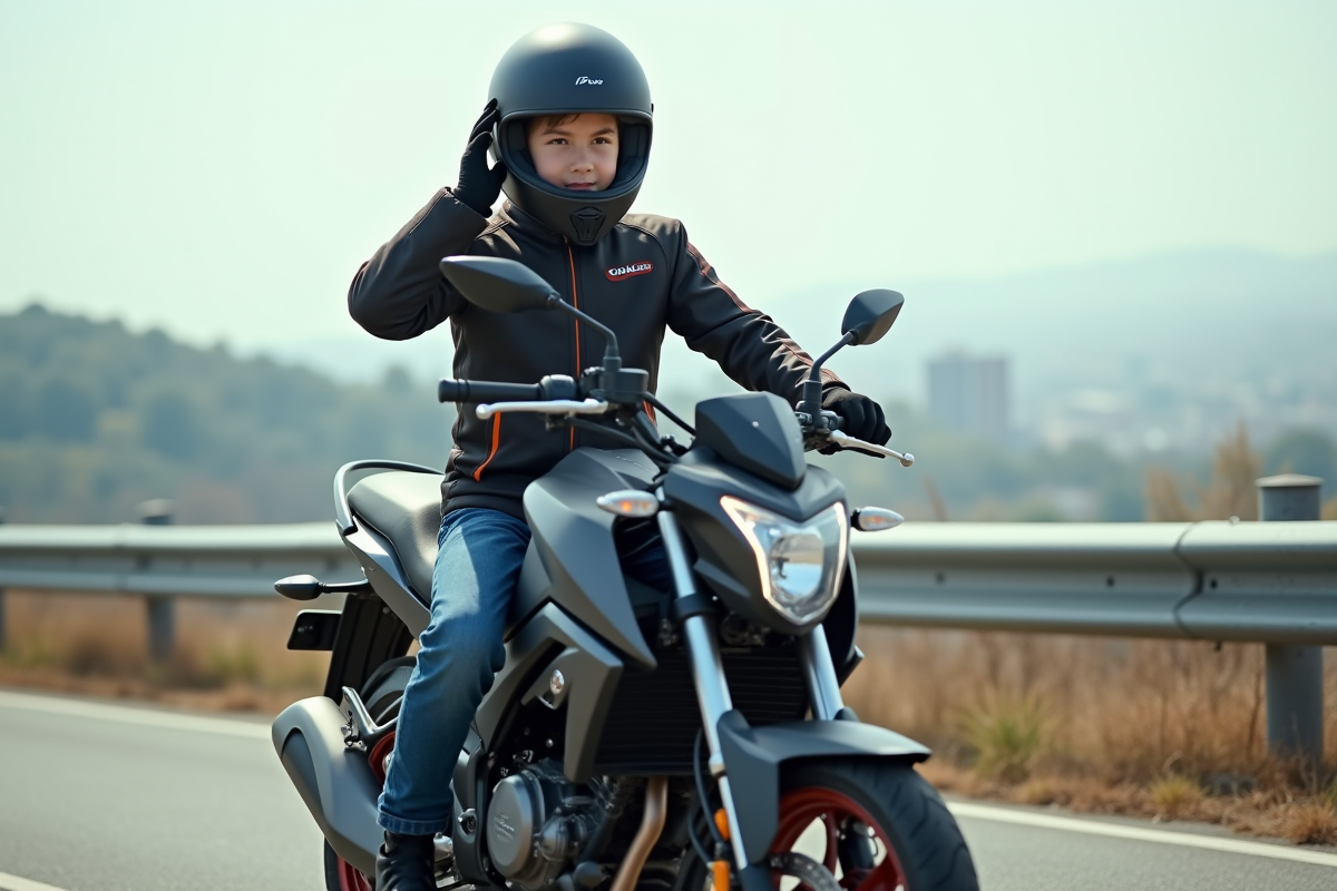 Jeune garçon ajustant son casque sur une moto 50cc en pleine nature