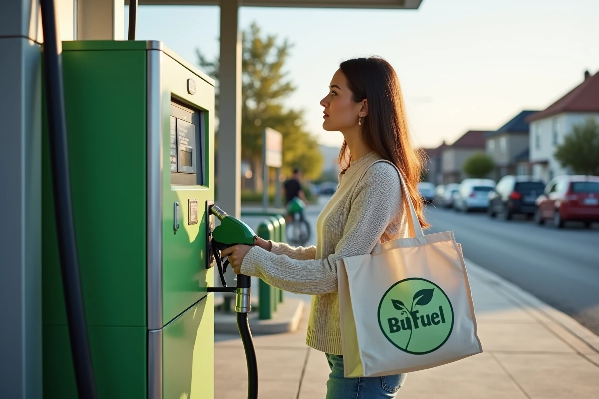 Jeune femme à une pompe biofuel dans une station de banlieue